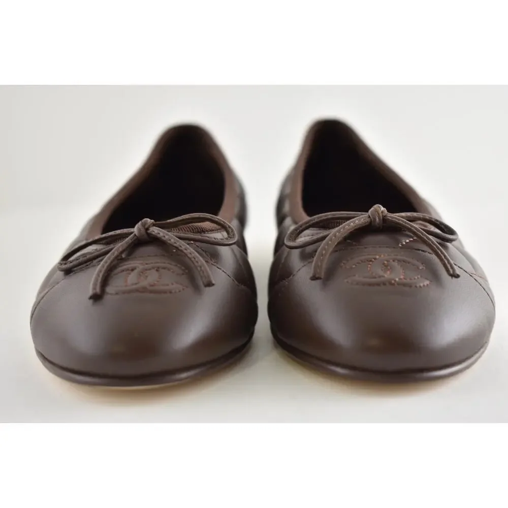 Chanel 26B Chocolate Dark Brown Lambskin Quilted CC Ballet Ballerina Flat 36.5